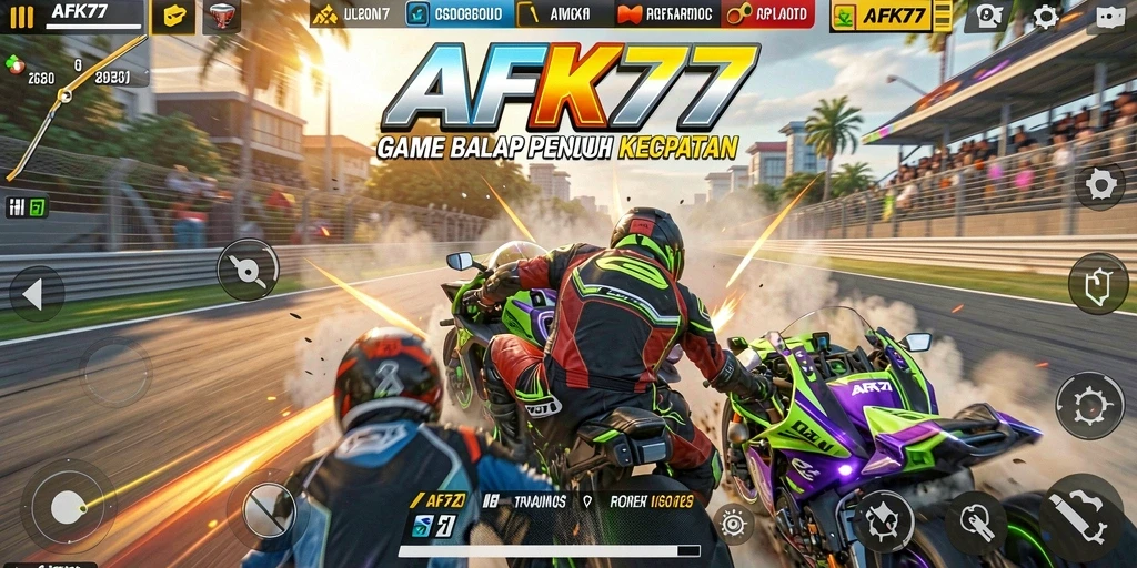 Screenshot gameplay AFK77 menampilkan aksi balap yang mendebarkan dan mobil yang cepat.