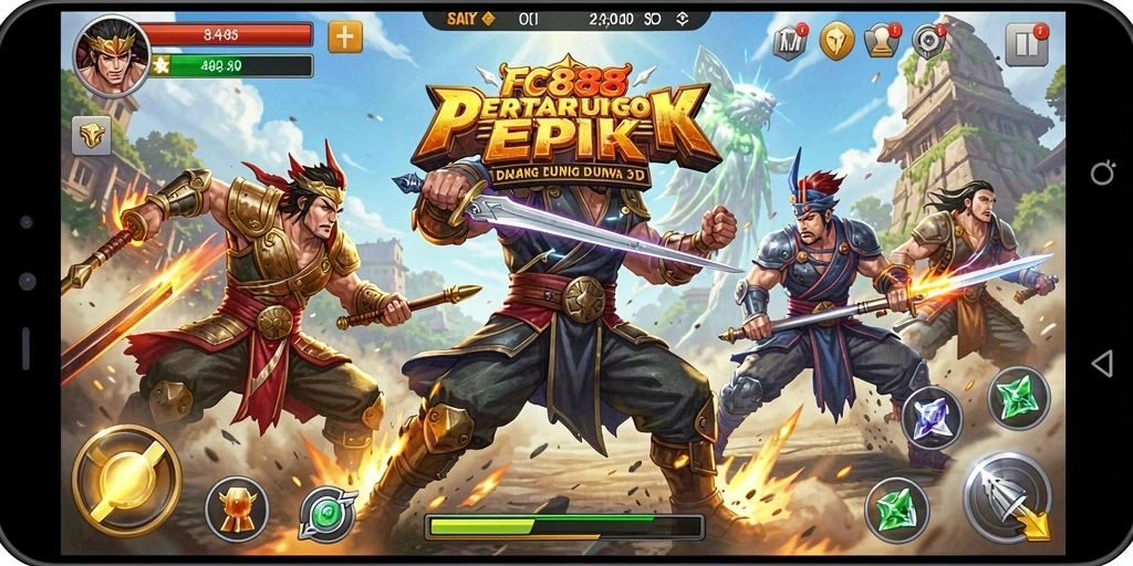 Tampilan gameplay FC888 dengan pertarungan dinamis antara karakter yang unik.