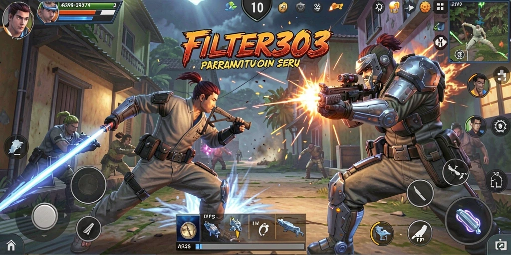 Gameplay FILTER303 yang menegangkan dan seru dengan aksi tembak-menembak.