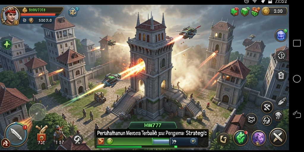 Tangkapan layar gameplay HW777 menampilkan menara yang siap mempertahankan wilayah.