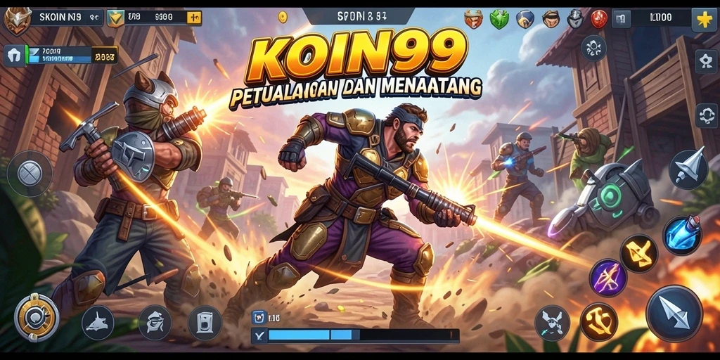 Screenshot utama KOIN99 menampilkan aksi pertempuran yang intens dan penuh adrenaline.