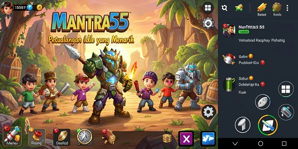Tampilan gameplay MANTRA55 yang menarik dan penuh warna.
