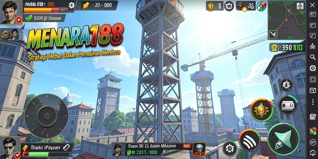 Tampilan aktif gameplay strategis MENARA188 dengan menara yang dibangun dan karakter bertarung.