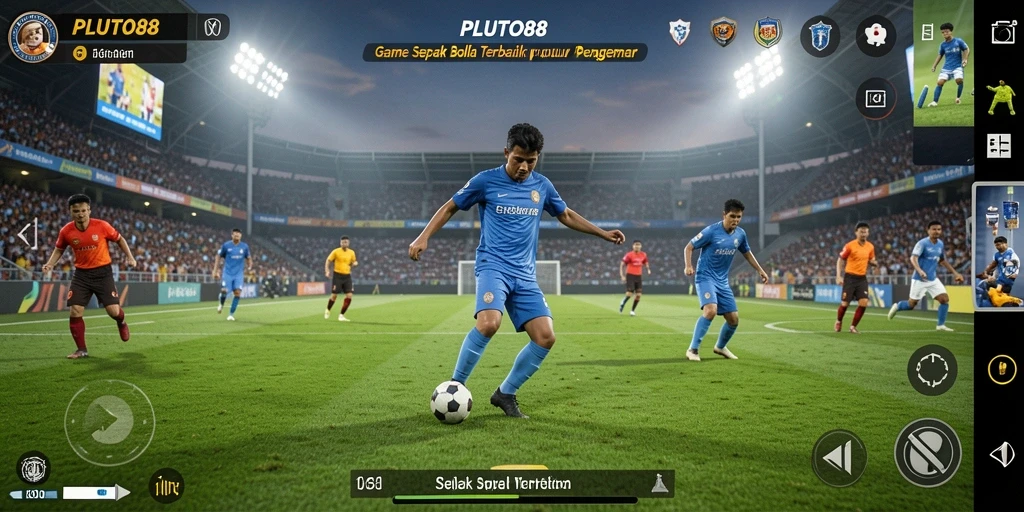 Screenshot gameplay PLUTO88 dengan aksi sepak bola yang mendebarkan.